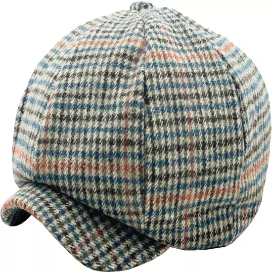 Men's Newsboy Button Top Ascot Ivy Cabbie Hat Gatsby Cap Plaid PU Leather