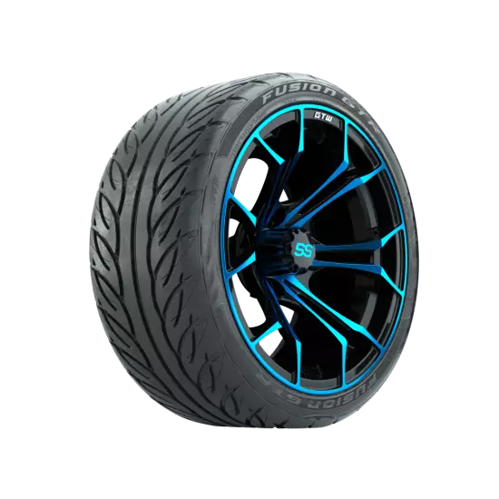 Set of 4 GTW 15" Spyder Blue/Black Golf Cart Wheels on 22" Fusion Street Tires