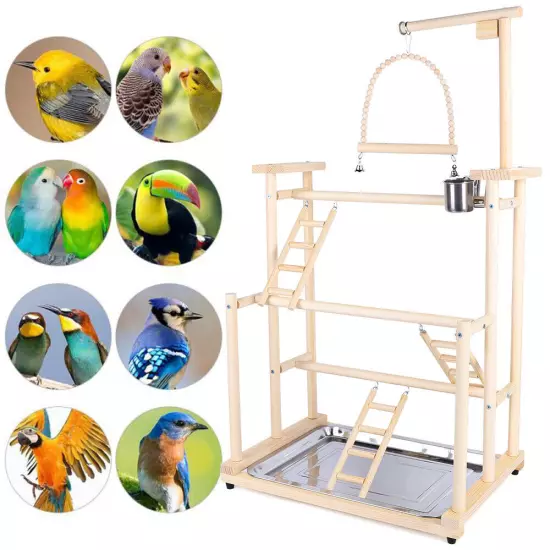 3-Layer Large Wood Bird Playground Parrot Play stand Bird Rack Perch Gym Stand