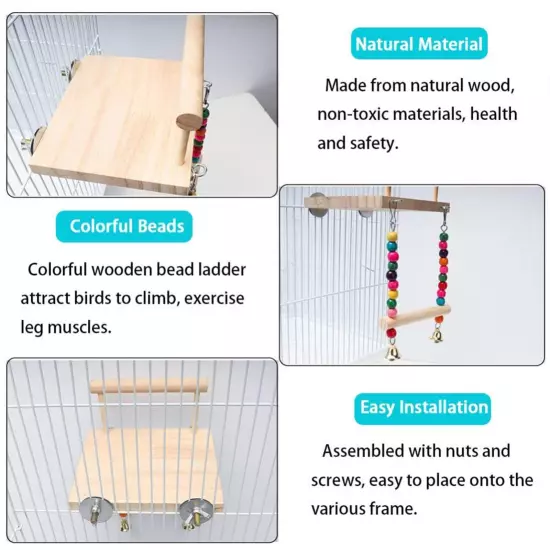 Bird Platform Wooden Parakeet Toys With Swing for Cage Bird Perches With Rattle