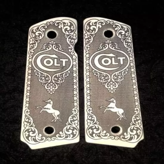 Colt 1911 custom ivory scrimshaw grips Scroll Rampant Horse Logo