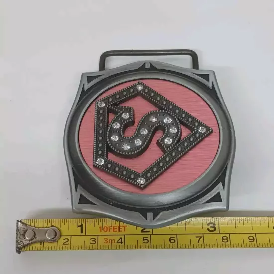 New Carrod Pewter Pink Rhinestone Superhero Adult Belt Buckle W/Hidden Lighter