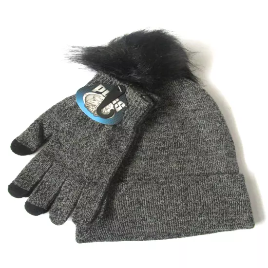 Pugs Knit Hat Glove Set Cuffed Beanie Pom BLACK One Size NWT