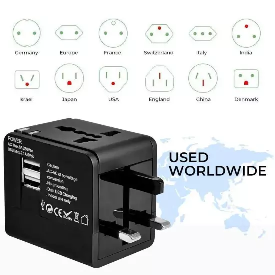 Universal Travel Adapter World Wide Use Multi Plug Charger UK EU AU US USB Ports