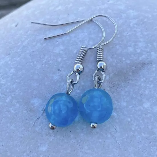 Turquoise Blue glass bead drop earrings 8 mm faceted ball bead