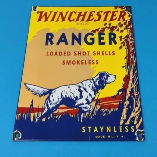 VINTAGE WINCHESTER PORCELAIN RANGER STAYNLESS SALES AMMO GUN HUNTING DOG SIGN