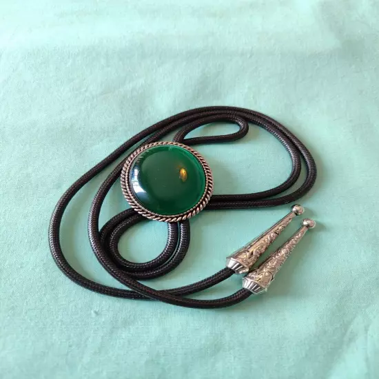 Signed HTL Healthy True Love Green Cats Eye Glass Bolo Tie