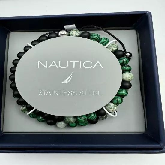 740-PATT Nautica NEW Men’s Black, Silver ,Green, White Beaded Stretch Bracelets