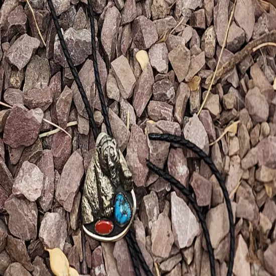 Southwest Native American Style Nickel Silver Bear Real Turquoise Coral Bolo Tie