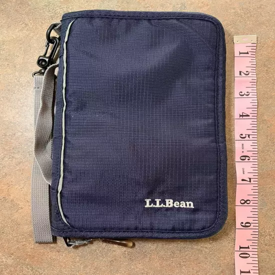 LL Bean Blue Wallet Passport Travel Organizer Zip Around With Grey handle/strap