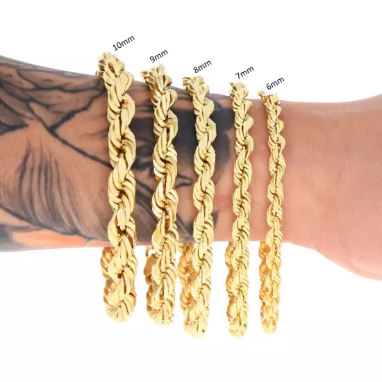 10K Yellow Gold 2mm-10mm Diamond Cut Rope Chain Bracelet Men Women 7" 7.5" 8" 9"