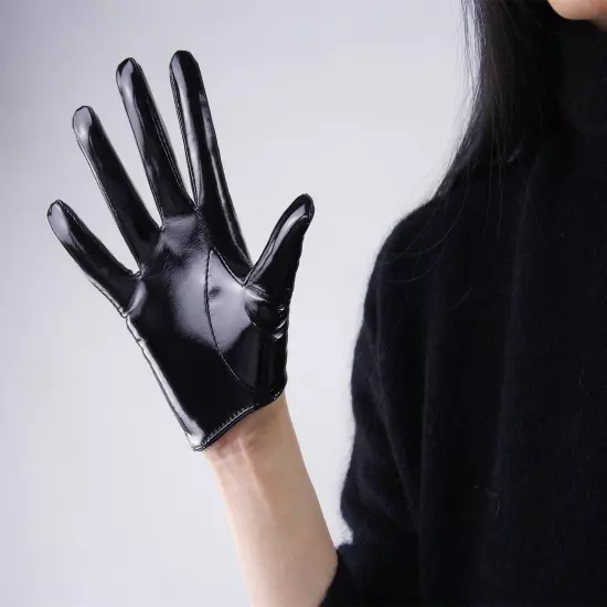 LATEX GLOVES Shine Leather Faux Patent Vegan PU 8" 21cm Short Basic Shine Black