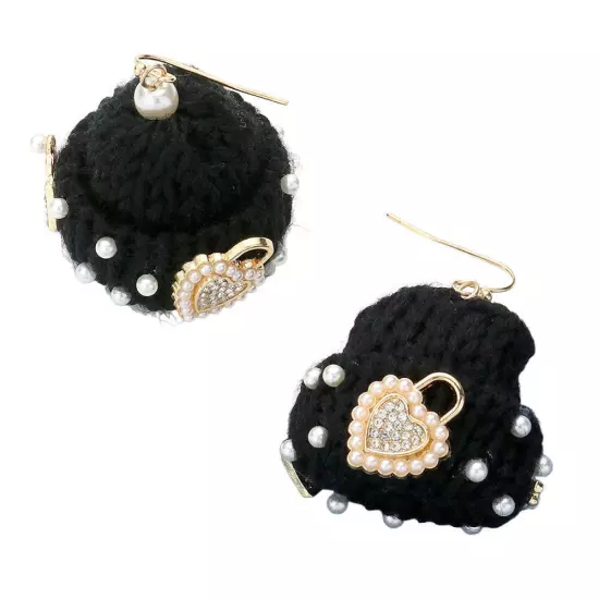 Black Pearl Key Heart Lock Embellished Knit Beanie Hat Dangle Earrings