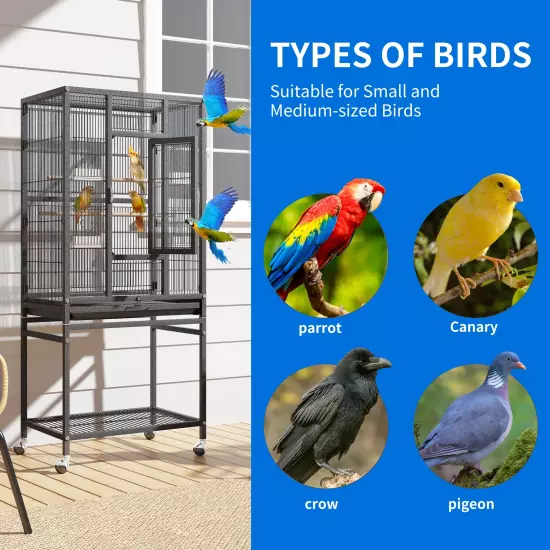 53" Metal Bird Cage with Rolling Stand and Castor Wheels, Large Bird Cages for P