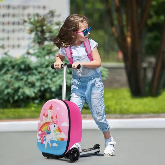 VLIVE Kids Ride on Suitcase Scooter Luggage with LED Lights and Unicorn Patterns