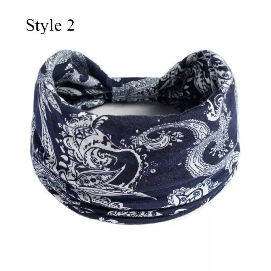 Women Boho Flower Print Wide Headband Vintage Knot Elastic Turban Headwrap *