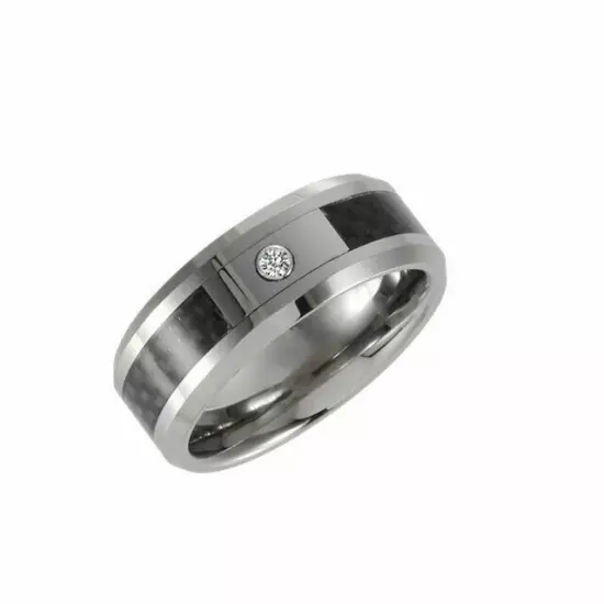 Ring Tungsten 8mm Black Carbon Fiber .05 Ct Diamond Band Size 10.5 TAR445D DT45