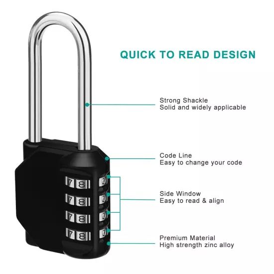 Long Shackle Combination Lock, 4 Digit Resettable Waterproof Padlock for Scho...