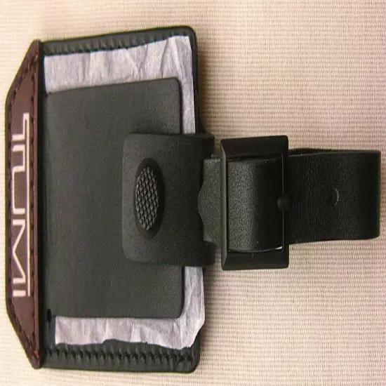 TUMI LUGGAGE BAG ID TAG NEW, BLACK, DARK BROWN STRIP, SILVER LOGO 3 1/4"x2 1/8"