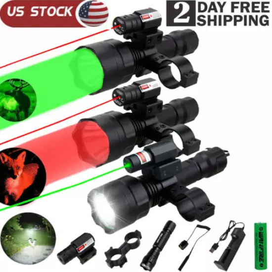 Tactical C8 8000LM LED Flashlight Hunting Torch Red Laser Dot Sight Rifle Mount 