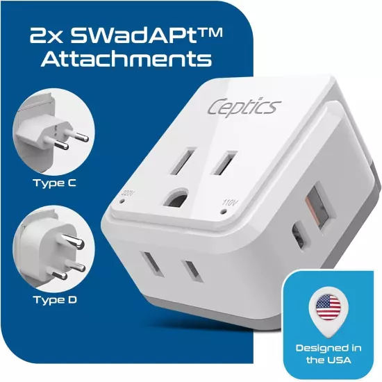 Ceptics India, Maldives Travel Plug Adapter- With Type D, C SWadAPt Attachments