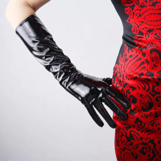 LATEX GLOVES Shine Leather Faux Patent Vegan PU 8" 21cm Short Basic Shine Black