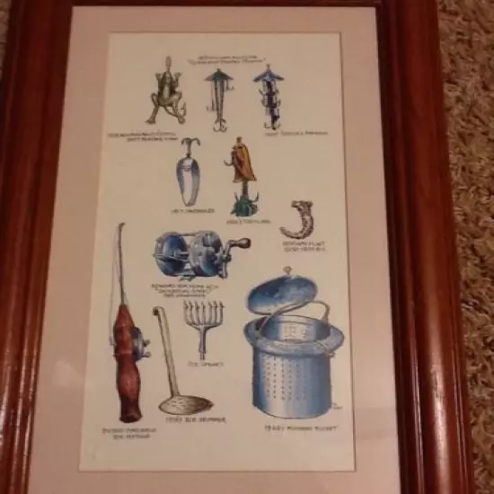 Framed matted print antique fishing equipment lures basket reel pole 10 x 18