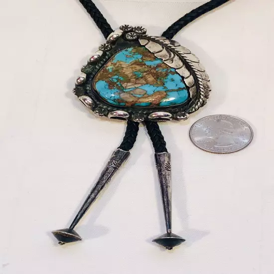 Vtg Bennett Silver Turquoise BOLO TIE w/ Leaf + Aiguillettes C-31 Pat. Pend.