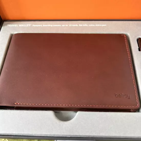 Bellroy RFID Premium Leather Travel Wallet w/Pen Cocoa Brown New Open Package