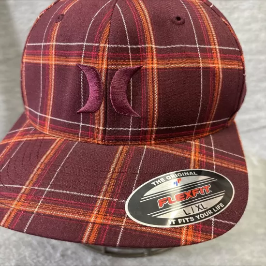 Hurley Hat Cap Flexfit Plaid Orange Red Brown L-XL Yupoong Puerto Rico Surf