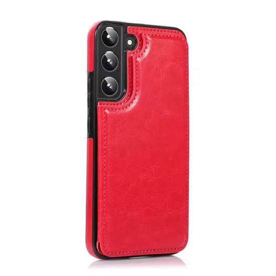 Back Flip Leather Wallet Cover Case Red+Screen Protector For Samsung S22 Plus