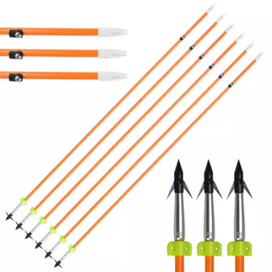 6/12pc Bowfishing Arrows 32" Fiberglass Hunting Fishing Archery Bow Broadheads