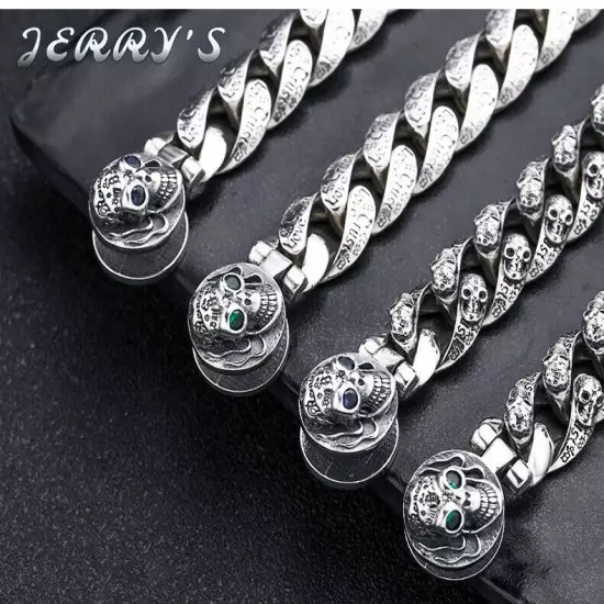 13MM Heavy Solid 925 Sterling Silver Cuban Link Skulls Pattern Bracelet Vintage