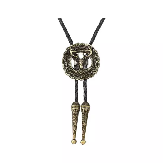 Vintage Bolo Tie Western Cowboy Indian Deer Head Mens Necklace PU Rope Alloy