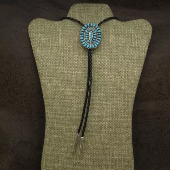 Navajo Sterling Silver Oval Turquoise Cluster Bolo Tie By Anita Whitegoat