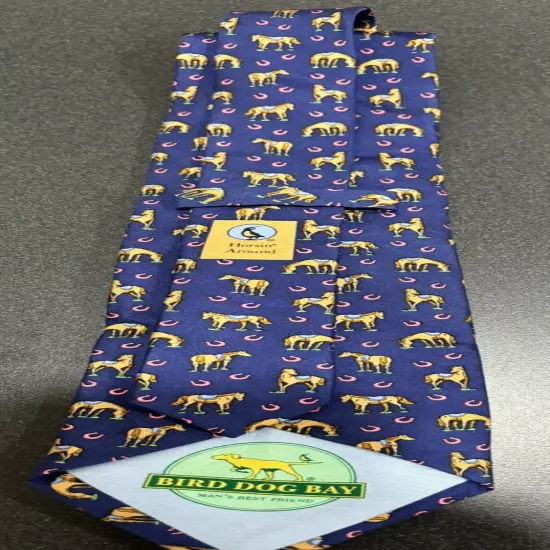 Bird Dog Bay Men's Tie, Made in the USA Blue With Horse Print, 100% Silk