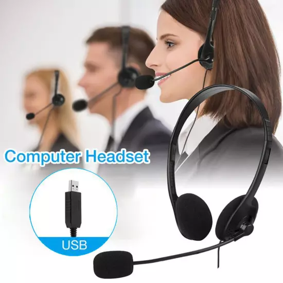 USB Headset Headphone with Microphone Noise Cancelling for PC Computer Call Chat