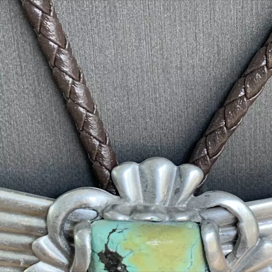 Vintage Turquoise Signed Clara 1982 Native American Bolo Tie Pewter Western Wear