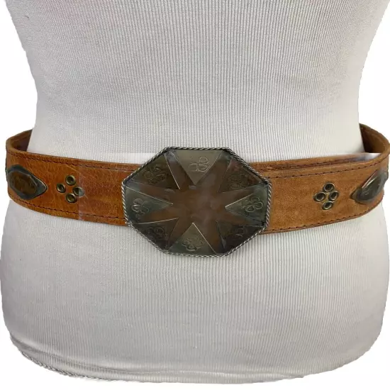 Moroccan BOHO Leather Medallion Belt Vintage Silver Plate Tan Fits 31”-37”