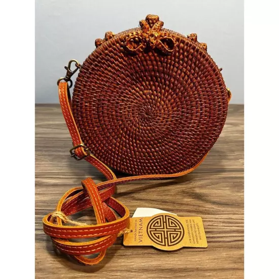 Women's Brown Circle Rattan Woven Bow Closure Crossbody Bag Bohemian Purse