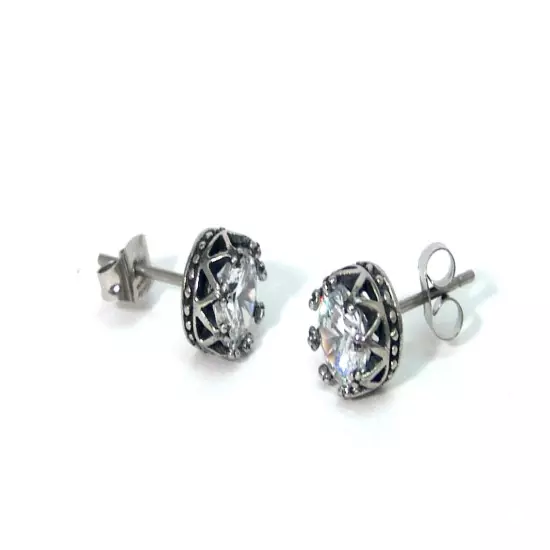 Crown Basket Setting Stud Earrings Brilliant CZ Hypoallergenic Surgical Steel