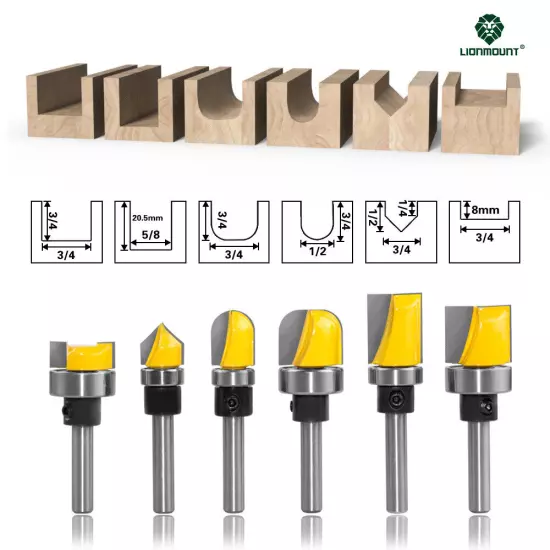 1/4" Shank Template Round Nose Core Box Bowl V-Groove Flush Trim Router Bit Set