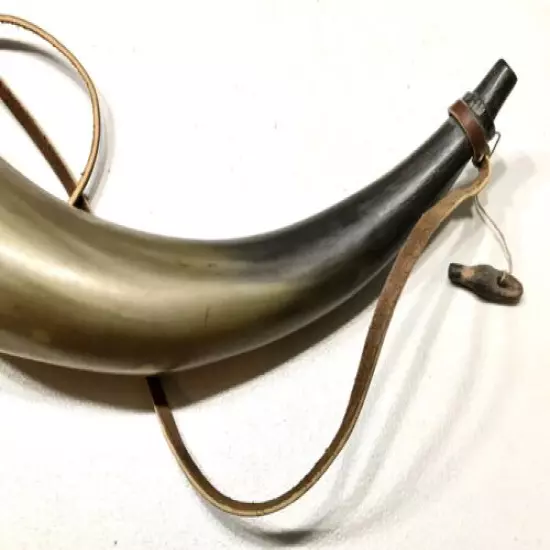 VINTAGE ANTIQUE LARGE POWDER HORN HAND CARVED LEATHER STRAP OLD 16”