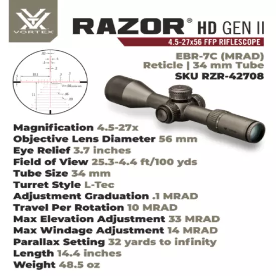 Vortex Optics Razor HD Gen II 4.5-27x56 FFP Riflescope EBR-7C MRAD 34mm Tube