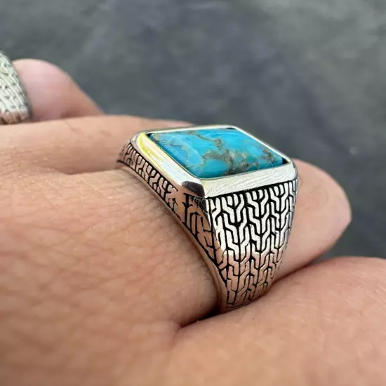 Blue Turquoise Mens Real Solid 925 Silver Navajo Native American Inspired Ring