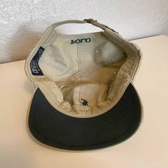 VINTAGE Polo Sport Hat Cap Mens Strap Back Tan Green Pony Logo Ralph Lauren 90s