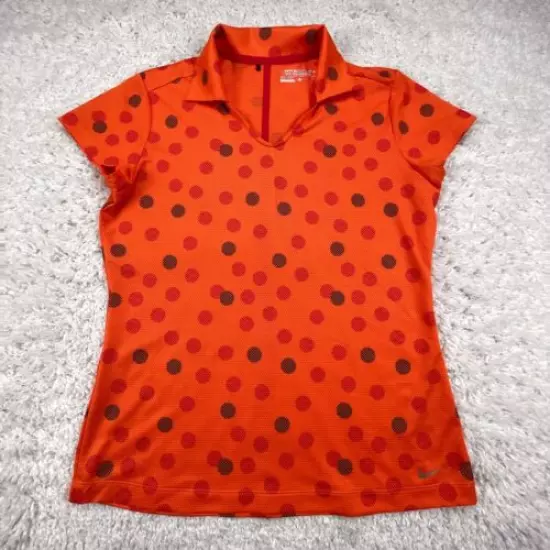 Nike Golf Polo Shirt Womens Adult Medium Orange Polka Dots Dri-Fit V-Neck