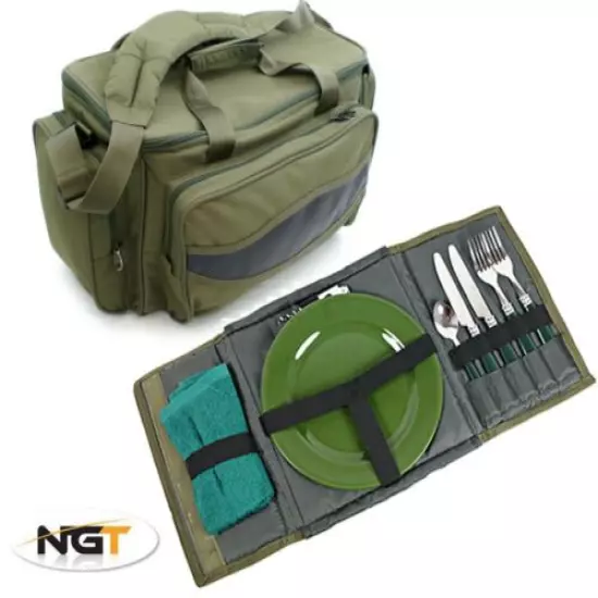 CARP FISHING INSULATED CARRYALL HOLDALL TACKLE BAG + CAMPING PICNIC SET IN CASE