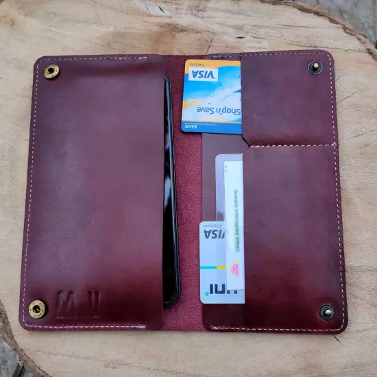 Genuine leather travel wallet minimal in cherry brown softie finish leather