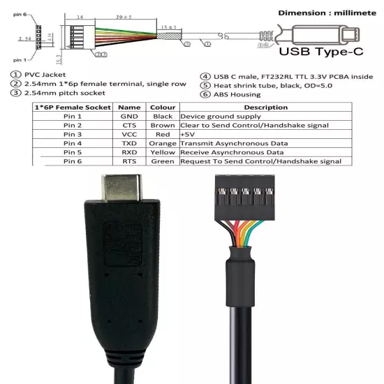 Teykst USB C to 33V TTL UART Serial Cable TTL232R3V3 with FT232 Chipset 6